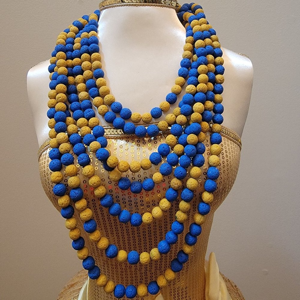 Royal Blue and Gold 7-Strand Lava Bead Necklace